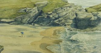 IEUAN WILLIAMS watercolour - rocky coastal cove with bait digger, signed and dated 1985 and entitled