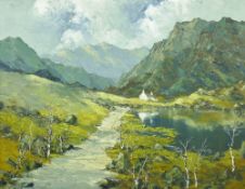 CHARLES WYATT WARREN oil on board - pathway by a lake to a Snowdonia whitewashed cottage, signed and