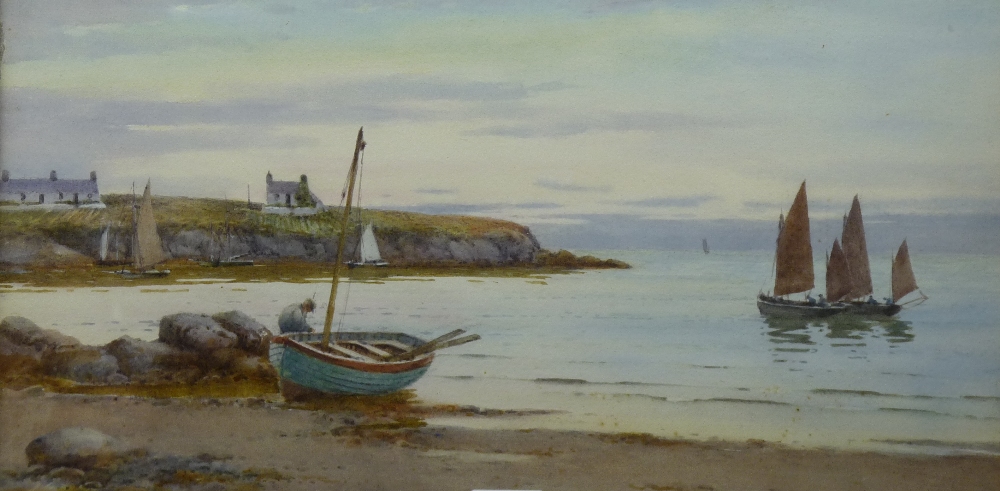 WARREN WILLIAMS ARCA watercolour - coastal scene, Moelfre, Anglesey with fisherman attending his