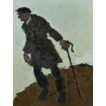 SIR KYFFIN WILLIAMS RA oil on canvas - shepherd in cap and overcoat with his crook on a hillside,
