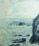 ANN CHADWICK oils on canvas in box frames, a pair - stormy coastalscape, South Stack Lighthouse,