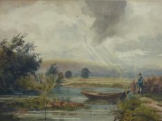 JOHN LEECH watercolour - riverscape with fishermen and punt, signed and dated 1891 and entitled