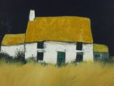 DAVID HUMPHREYS oil on board - old whitewashed cottage in a crop-field and with dark background,