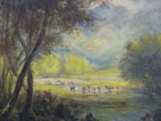 HERBERT SYDNEY PERCY watercolour - Welsh landscape with bridge and cattle watering, signed and