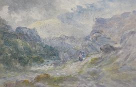 Attributed to DAVID COX SNR watercolour - river landscape in a gorge with two figures on a path,