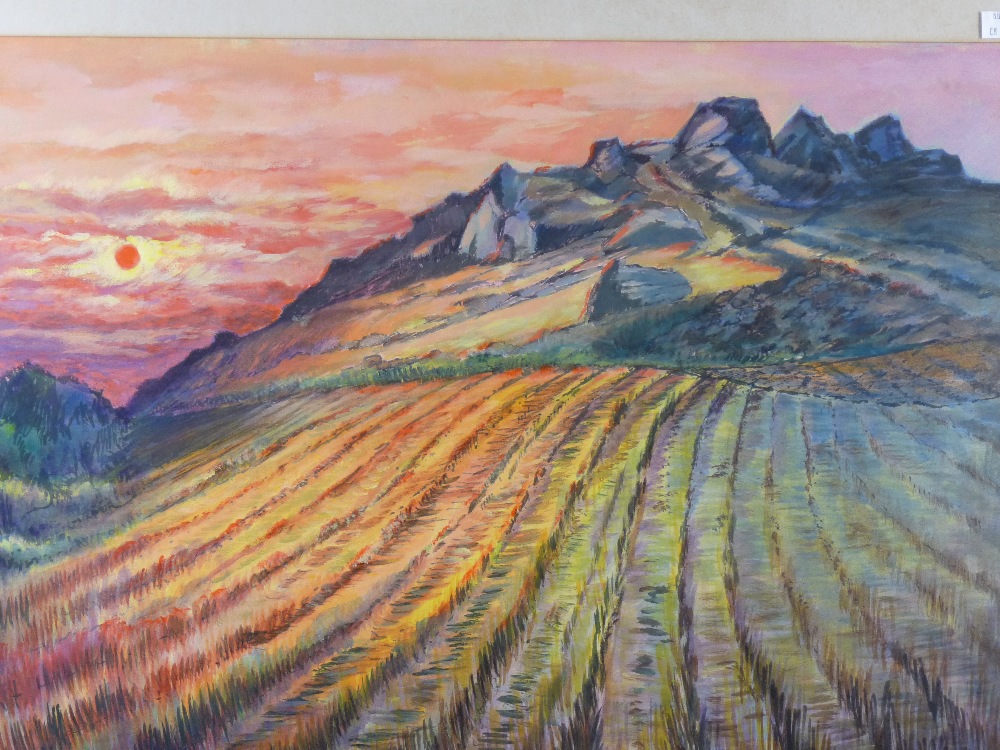 GOMER LEWIS mixed media - cornfields at sunset, signed and dated 1976, 47 x 66 cms