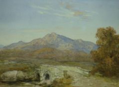 Attributed to DAVID COX JNR watercolour and pencil - Moel Siabod with small bridge in the