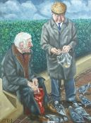 CARL F E HODGSON oil on canvas on stretcher, unframed - two gents by a park bench feeding pigeons,