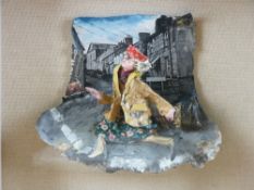 LUNED RHYS PARRI mixed media - hatted lady with handbag sensing adverse weather in a Talysarn