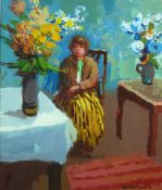 DONALD McINTYRE oil/acrylic - young girl seated between two tables with flowers, signed in full