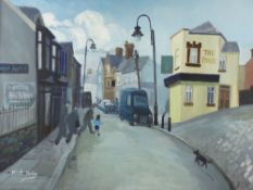 NICK HOLLY acrylic on canvas - street scene with figures crossing the road and 'The Pandy Pub',