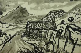 DAVID SMITH pen and ink, mounted but unframed - Snowdonia road, entitled verso 'Ruined Cottage,