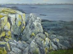 MAVIS GWILLIAM acrylic on canvas - dramatic rocky coastalscape with mountains in the distance