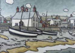 ALAN WILLIAMS oil on canvas - Borth Harbour with numerous boats and figures, signed, 39 x 74 cms