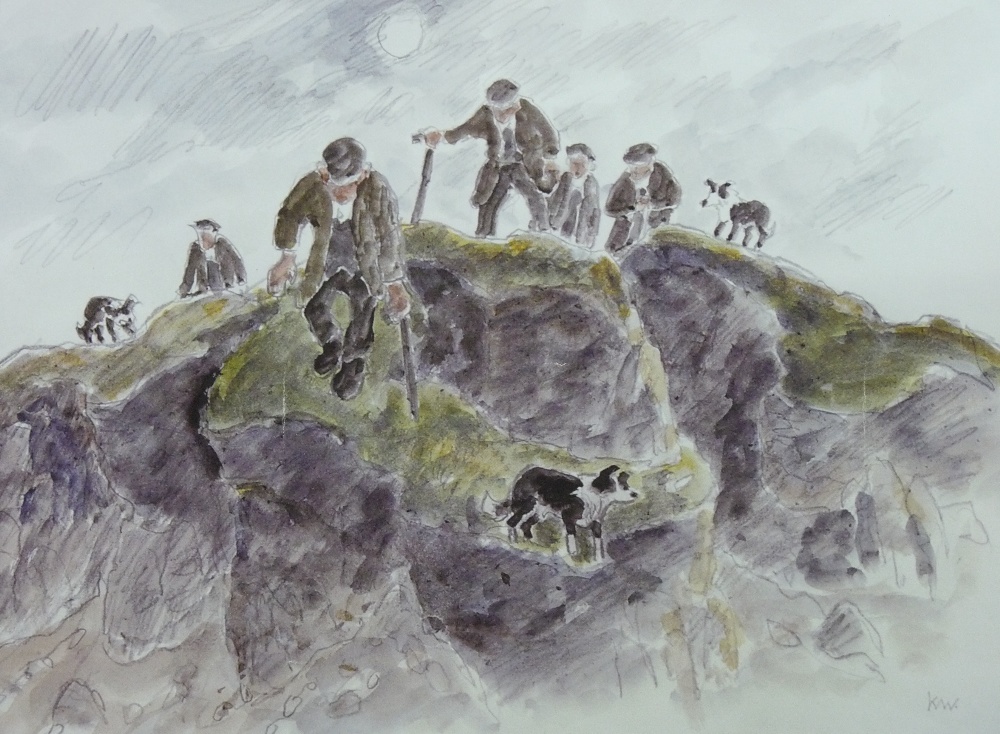 SIR KYFFIN WILLIAMS RA coloured print - five farmers with their three sheepdogs on the top of a