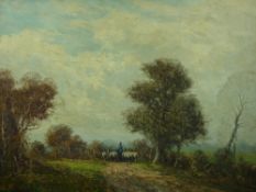 H WILLIAMS oil on canvas - drover and sheep by a wooded track, signed and entitled canvas verso '