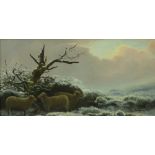 THOMAS FINCHETT oils on board, a pair - each of sheep taking cover in a snowy landscape, signed,