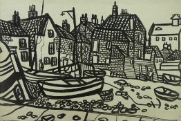 DAVID SMITH pen and ink, mounted but unframed - figure, beached fishing boats and fisherman