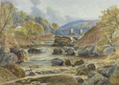JOHN SYER watercolour - tumbling falls with bridge and riverside cottage, possibly Pont-y-Pant,