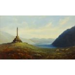 THOMAS FINCHETT oil on canvas - Lake Geirionydd with grazing sheep and the Taliesin Memorial,