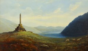 THOMAS FINCHETT oil on canvas - Lake Geirionydd with grazing sheep and the Taliesin Memorial,