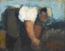WILL ROBERTS oil on board - man weeding, signed with initials and entitled and dated verso 1973,