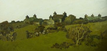 TOM GERRARD oil on board - Anglesey farmstead and cottages entitled verso 'Parc Gwalchmai, Sir Fon',