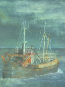 ELFYN ROBERTS watercolour - fishing trawler making out to sea, signed with initials, 36 x 23 cms