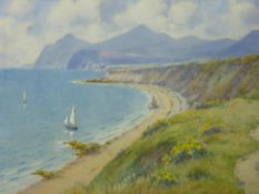 WARREN WILLIAMS ARCA watercolour - Nefyn Bay and the Rivals with yachts and figures, signed, 27 x 38