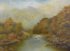 WILLIAM MARK FISHER oil on canvas - River Lledr with figures on the rocky bank, signed, 40 x 55 cms