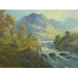 JOEL OWEN oil on canvas - tumbling falls on the Lledr with mountain backdrop, signed and