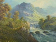 JOEL OWEN oil on canvas - tumbling falls on the Lledr with mountain backdrop, signed and