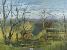 GOMER LEWIS acrylic on canvas, unframed - treescape with stile, 61 x 91 cms