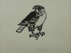 SIR KYFFIN WILLIAMS RA lithograph - perched falcon, signed in full, 33 x 33 cms