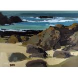 DONALD MCINTYRE acrylic - a sandy beach with rocks and waves, entitled verso 'Ynys Enlli' (Bardsey