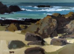 DONALD MCINTYRE acrylic - a sandy beach with rocks and waves, entitled verso 'Ynys Enlli' (Bardsey