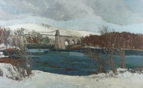 GWILYM PRITCHARD oil on board - fine scene of the Menai Straits and Suspension Bridge with the