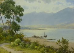 WARREN WILLIAMS ARCA watercolour - Upper River Conwy with boat and figure, signed, 33 x 49 cms