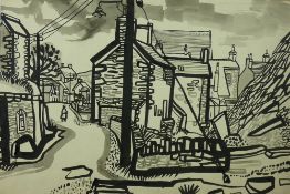 DAVID SMITH pen and ink, mounted but unframed - figure in a Snowdonia street, entitled verso '