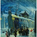NICK HOLLY acrylic on canvas - snowy village street scene with children, figures and Salvation