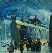 NICK HOLLY acrylic on canvas - snowy village street scene with children, figures and Salvation