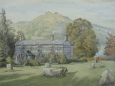 DENNIS FLANDERS mixed media - study of Plas Newydd, Llangollen with Castell Dinas Bran in the