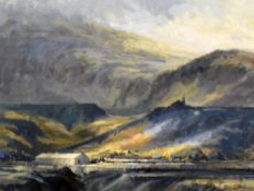 GARETH PARRY oil on paper - quarry buildings in valley landscape, entitled verso 'Slate Quarry