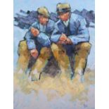 IFOR PRITCHARD oil on canvas - two quarrymen taking a break, signed, 60 x 45 cms