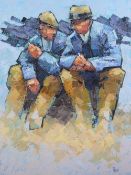 IFOR PRITCHARD oil on canvas - two quarrymen taking a break, signed, 60 x 45 cms