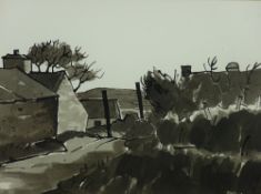 SIR KYFFIN WILLIAMS RA colourwash - lane with old buildings and hill beyond, signed with initials