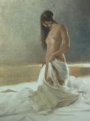 DAVID KNIGHT oil on canvas - kneeling nude young lady with silk drapes, 50 x 35 cms