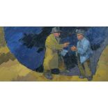 IFOR PRITCHARD oil on canvas - slate quarryman and his boss striking a bargain, signed with title
