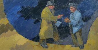 IFOR PRITCHARD oil on canvas - slate quarryman and his boss striking a bargain, signed with title