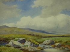 JOHN BATES NOEL watercolour - moorland riverscape with cattle, signed, 24 x 35 cms